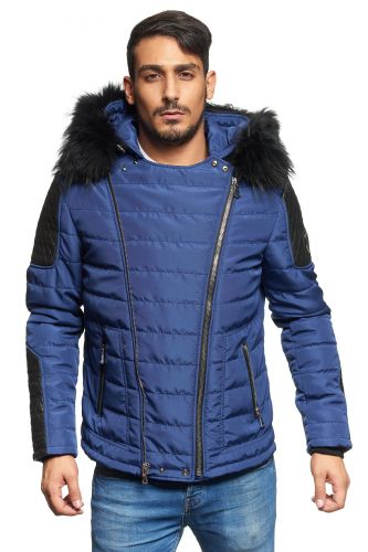 Blouson  Horspist Carlton bleu fourrure col noir.