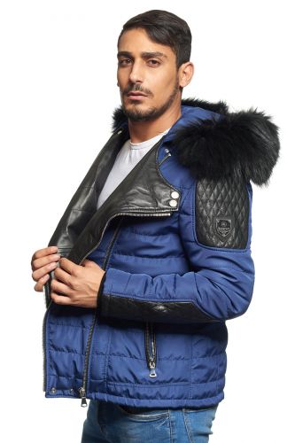 Blouson  Horspist Carlton bleu fourrure col noir.