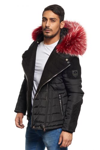 Blouson Horspist Carlton Noir/Daim col rouge clair.