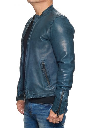 blouson cuir col motard bleu