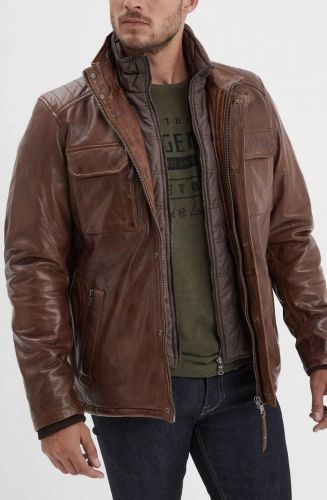 BLOUSON PITT COL AMOVIBLE MARRON DOUBLURE AMOVIBLE