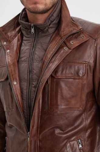 BLOUSON PITT COL AMOVIBLE MARRON DOUBLURE AMOVIBLE