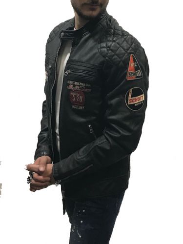 BLOUSON CUIR SCHOTT SPYDER MOTARD BADGE