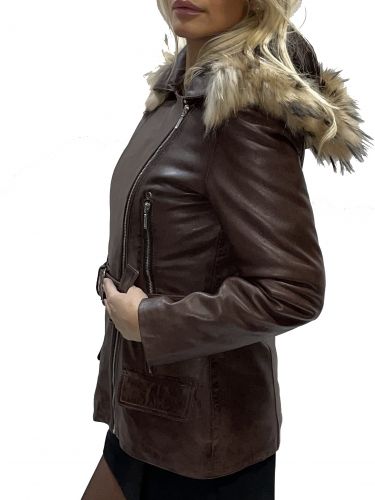 VESTE EN CUIR FOURRURE AMOVIBLE  ANGELICA MARRON 