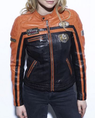 BLOUSON CUIR DAYTONA73 OLINA  BLACK/ ORANGE 