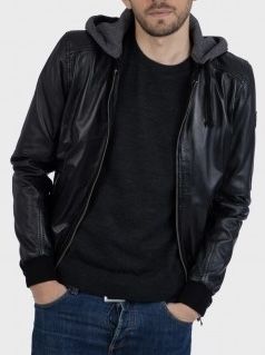JIMMY (REF. 62061) NOIR - BLOUSON EN CUIR VÉRITABLE CAPUCHE AMOVIBLE