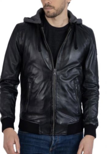 JIMMY (REF. 62061) NOIR - BLOUSON EN CUIR VÉRITABLE CAPUCHE AMOVIBLE