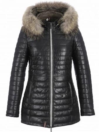 VESTE DOUDOUNE OAKWOOD EN CUIR VERITABLE POPPY  NOIR COL NATUREL