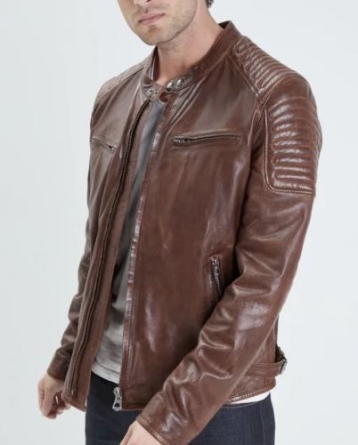 BLOUSON CUIR STYLE BIKER MARRON