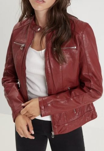blouson cintrée en cuir rouge pour femme
