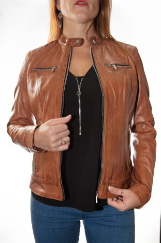 Blouson femme cuir agneau Rose Garden Jody cognac