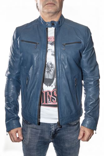 blouson en cuir de marque couleur bleu