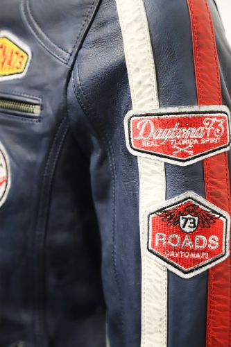 blouson cuir oliver avec patch couleur bleu