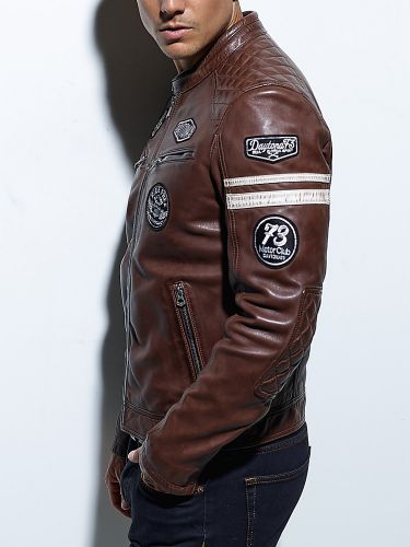 BLOUSON STYLE MOTO BADGE WALKER DAYTONA 73 MARRON