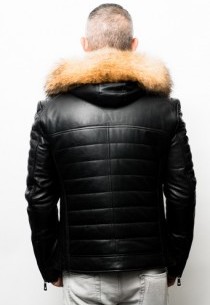 Blouson cuir Fourrure Raccoon Giovanni Jean Cap Noir