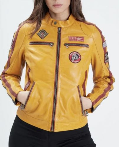CUIR FEMME STYLE BIKER JAUNE